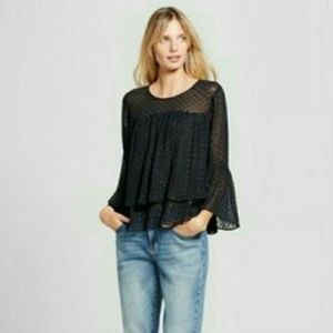 A New Day - Sheer Clip Spot Ruffle Blouse